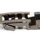 Men's traditional ratchet belt buckle in formal gunmetal with a 1.25-inch width, left side view.