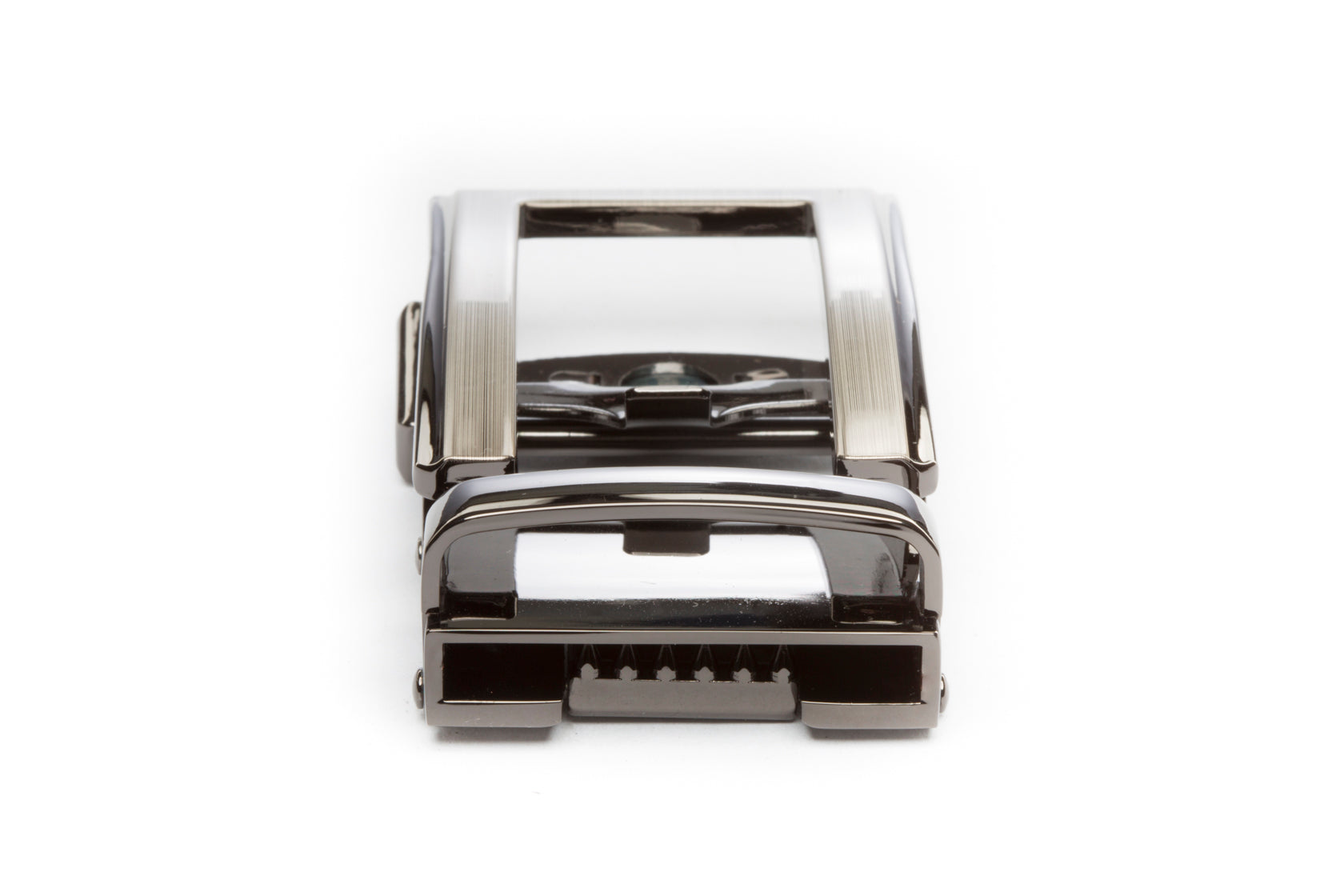 Men's traditional ratchet belt buckle in formal gunmetal with a width of 1.5 inches, rear view.