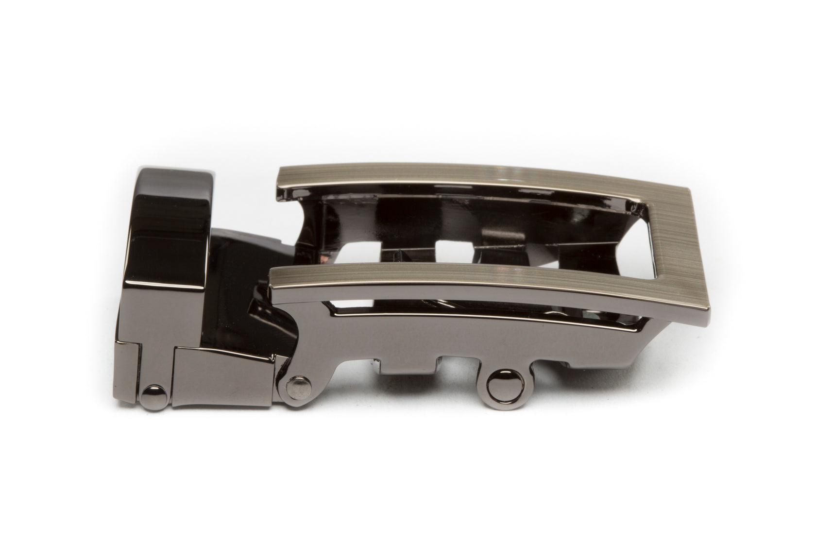 Men's traditional ratchet belt buckle in formal gunmetal with a 1.25-inch width, right side view.