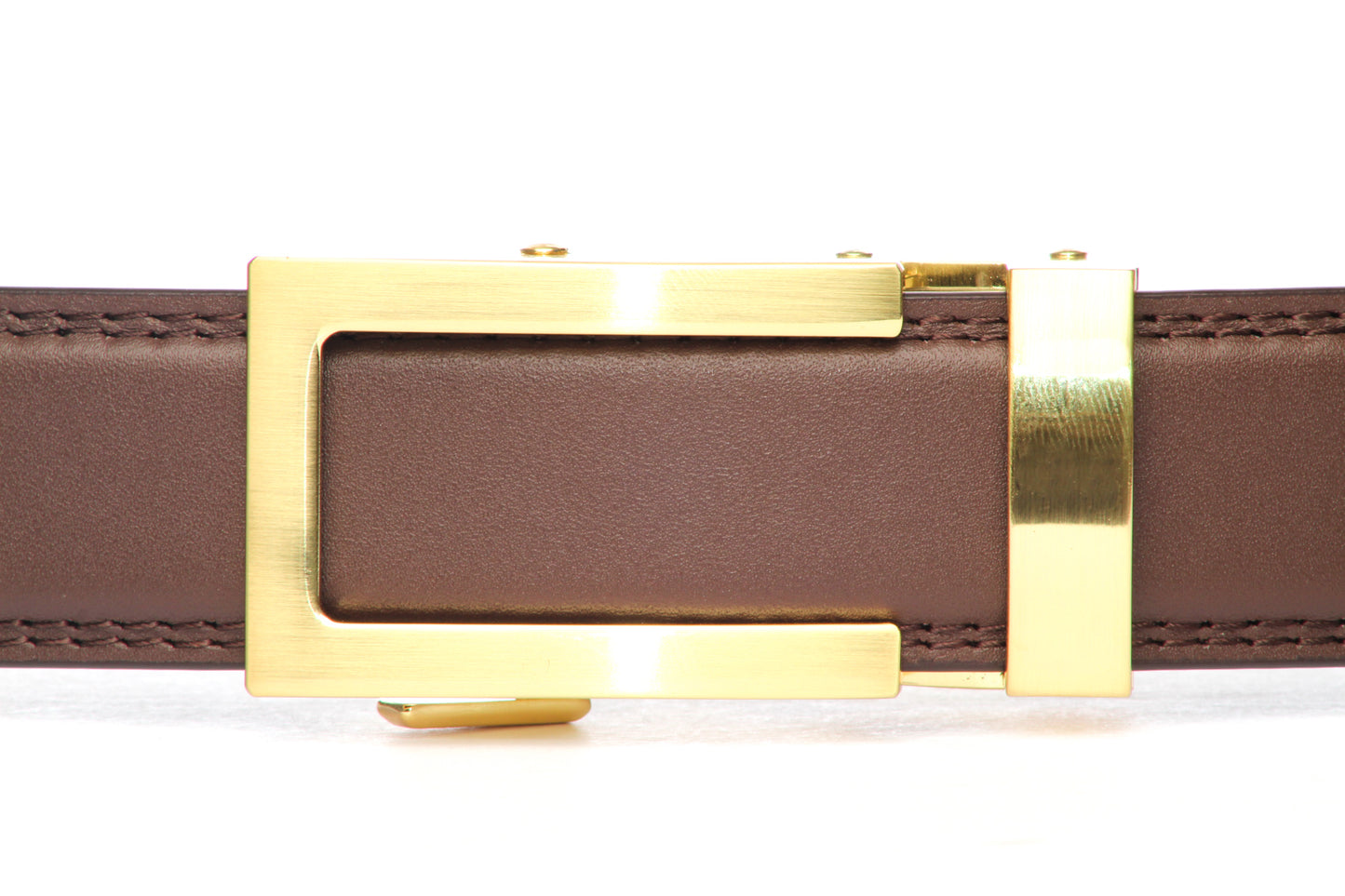 Men's traditional ratchet belt buckle in gold with a 1.25-inch width, front view.