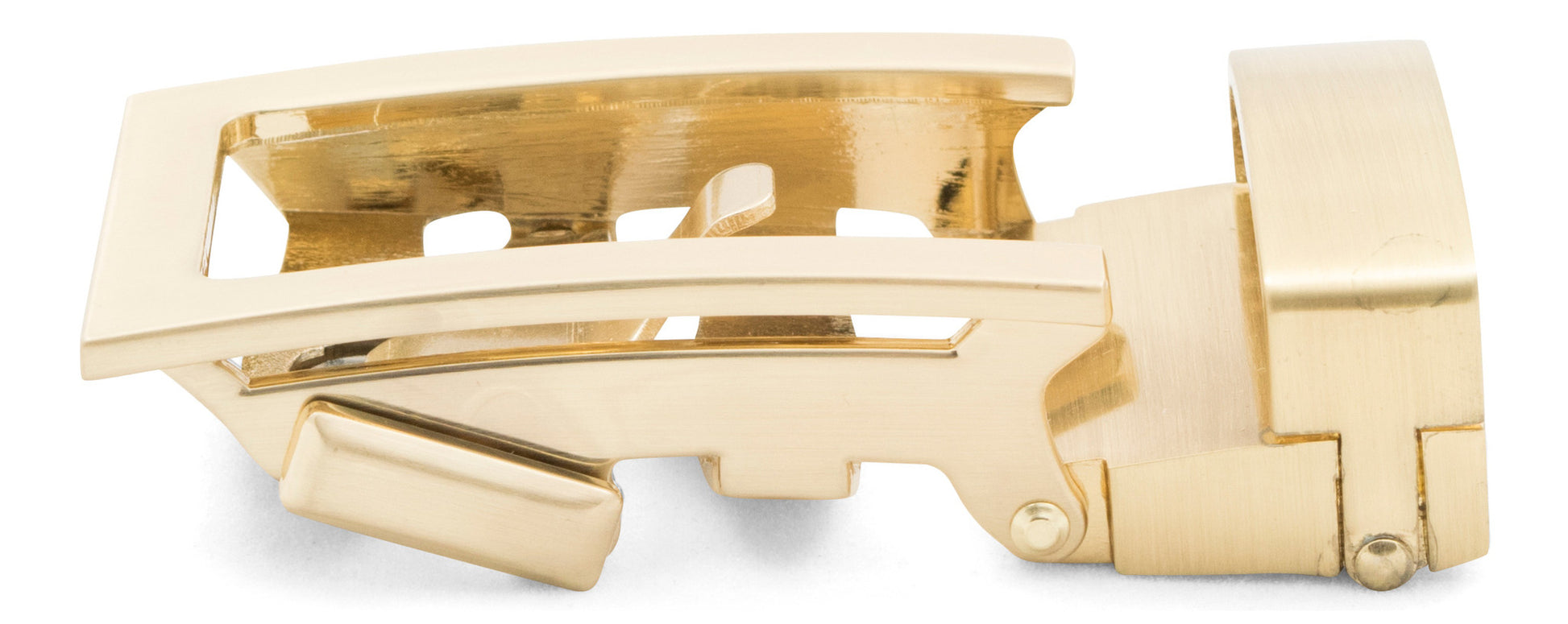 Men's traditional ratchet belt buckle in gold with a 1.25-inch width, left side view.