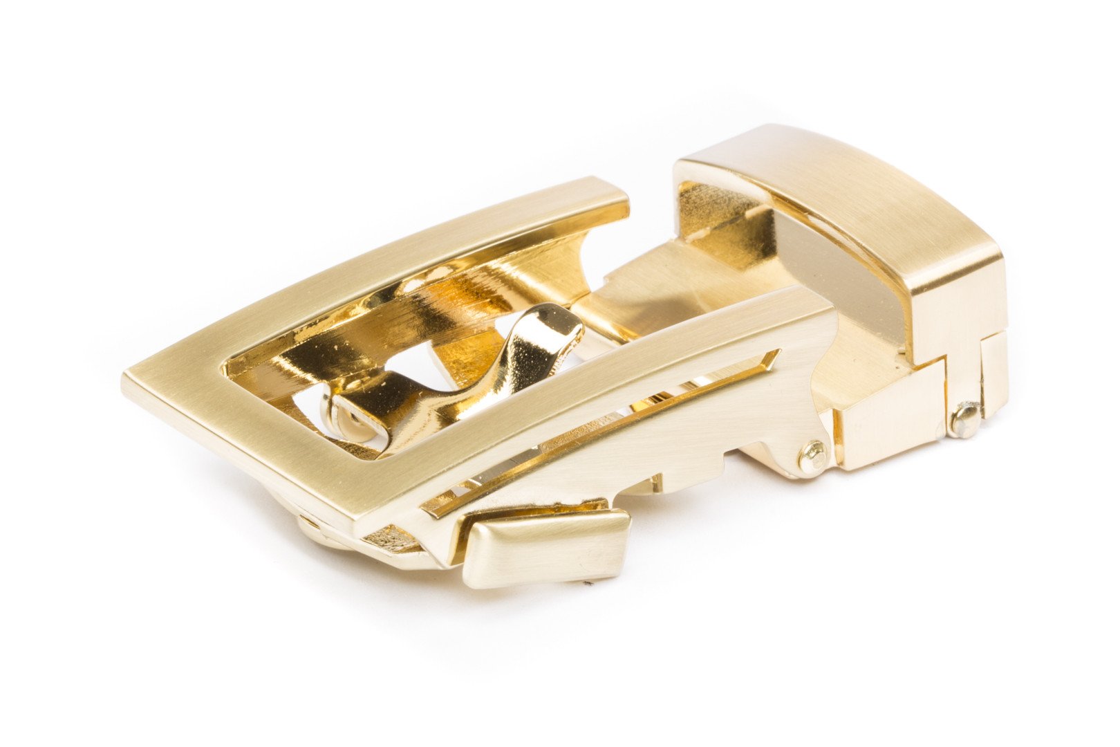 Men's traditional ratchet belt buckle in gold with a 1.25-inch width, oblique view.