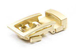 Men's traditional ratchet belt buckle in matte gold with a 1.25-inch width.