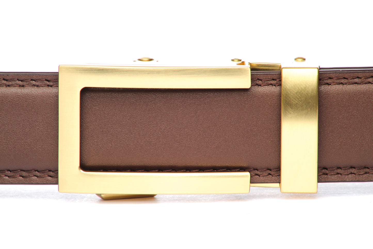 Men's traditional ratchet belt buckle in matte gold with a 1.25-inch width, front view.