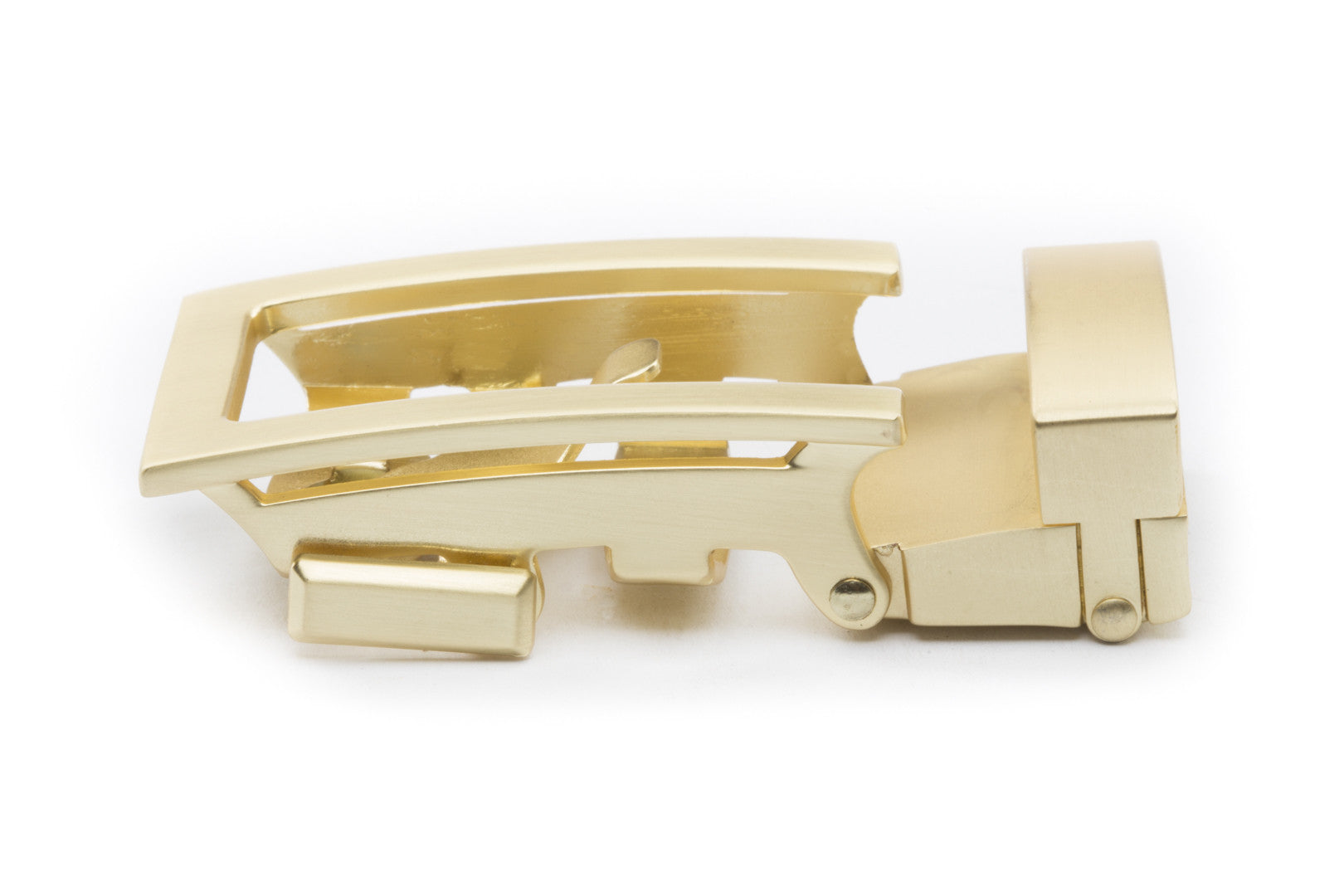 Men's traditional ratchet belt buckle in matte gold with a 1.25-inch width, left side view.