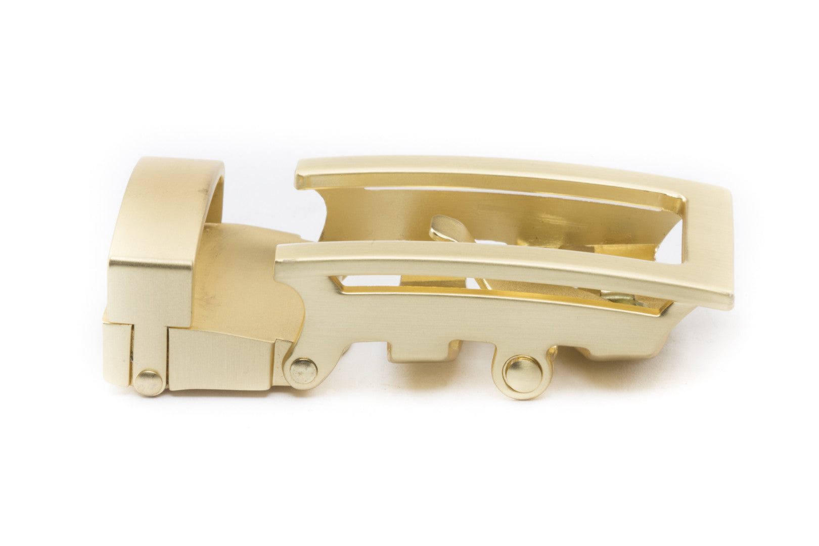 Men's traditional ratchet belt buckle in matte gold with a 1.25-inch width, right side view.