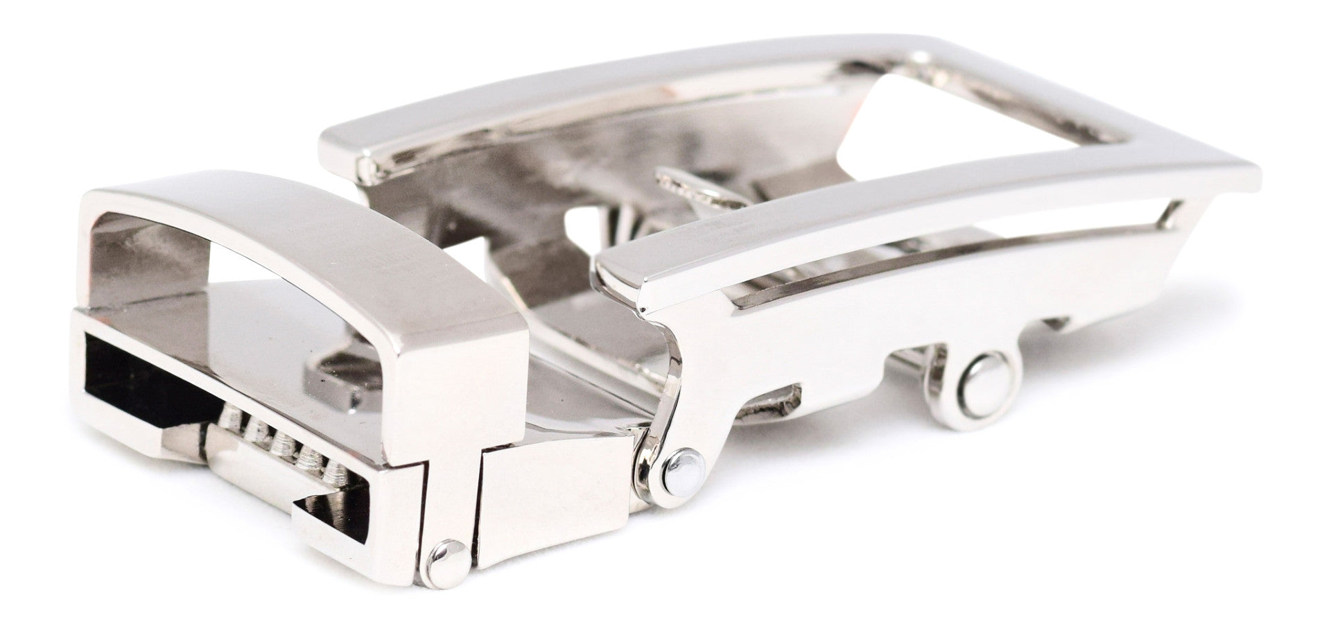 Men's traditional nickel free ratchet belt buckle with a 1.25-inch width, right side view.
