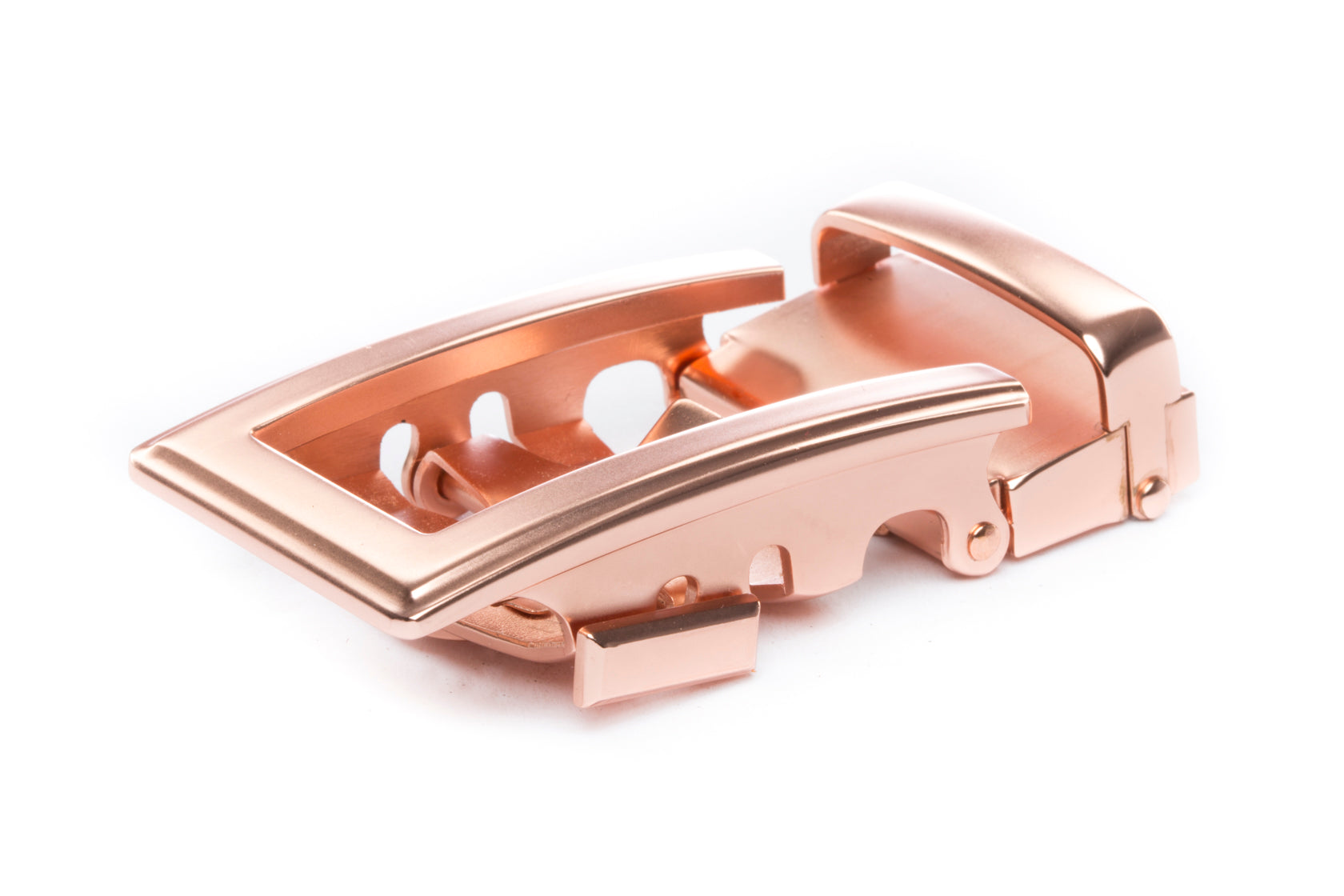 Men's traditional ratchet belt buckle in rose gold with a width of 1.5 inches.