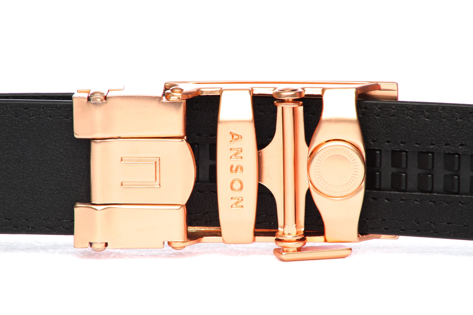 Men's traditional ratchet belt buckle in rose gold with a 1.25-inch width, back view.