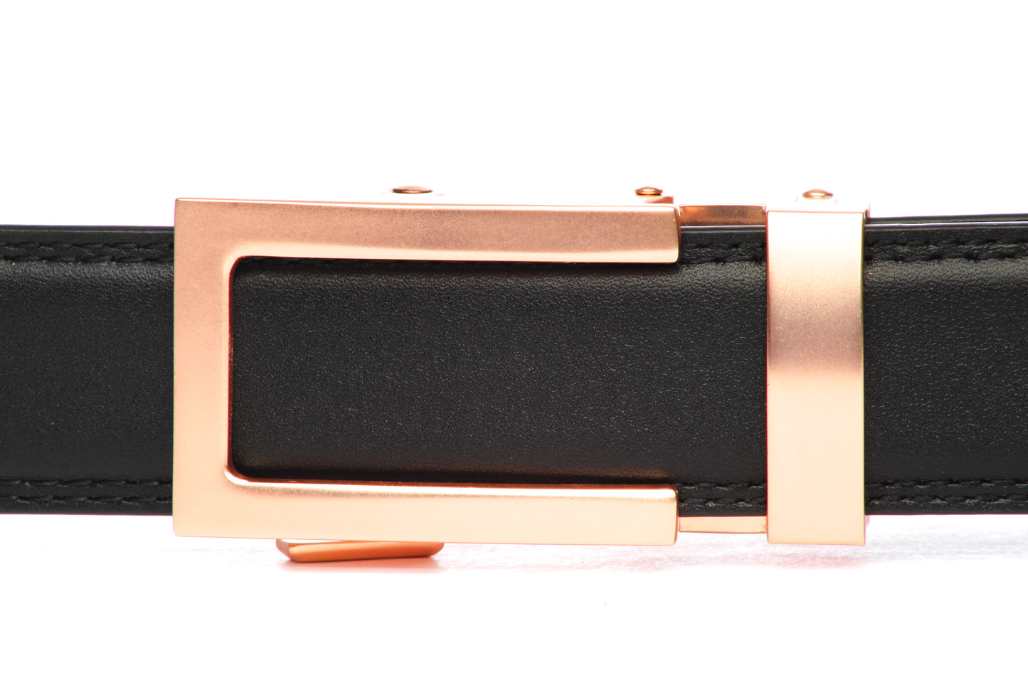 Men's traditional ratchet belt buckle in rose gold with a 1.25-inch width, front view.