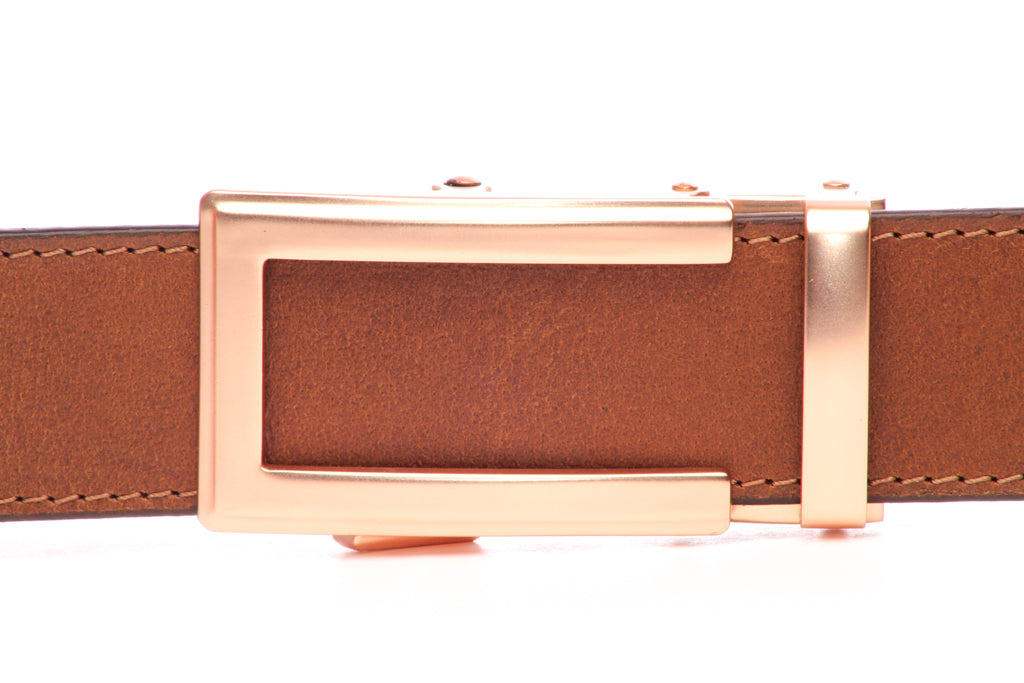 Men's traditional ratchet belt buckle in rose gold with a width of 1.5 inches, front view.