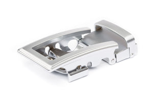 Men's traditional ratchet belt buckle in silver with a width of 1.5 inches.