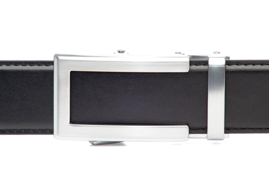 Men's traditional ratchet belt buckle in silver with a width of 1.5 inches, front view.