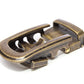 Men's traditional with a curve ratchet belt buckle in antiqued gold with a width of 1.5 inches.