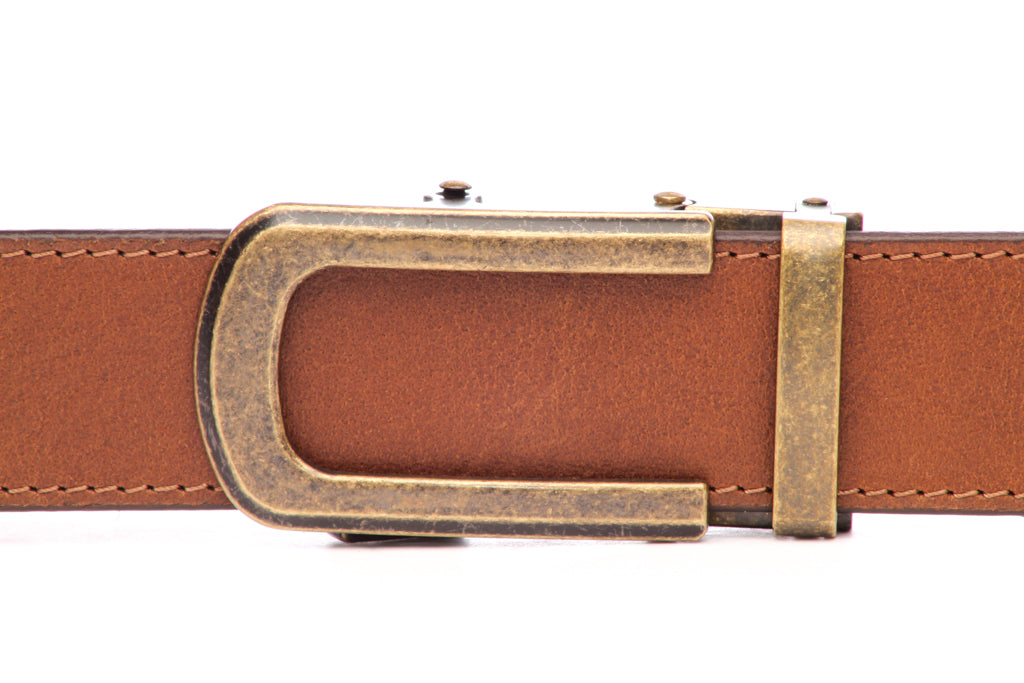 Men's traditional with a curve ratchet belt buckle in antiqued gold with a width of 1.5 inches, front view.