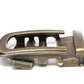 Men's traditional with a curve ratchet belt buckle in antiqued gold with a width of 1.5 inches, left side view.