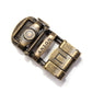 Men's traditional with a curve ratchet belt buckle in antiqued gold with a width of 1.5 inches, mechanism view.