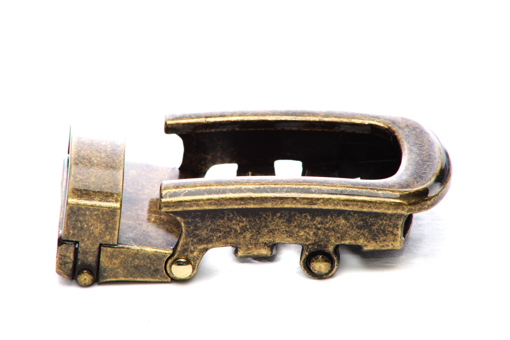 Men's traditional with a curve ratchet belt buckle in antiqued gold with a 1.25-inch width, right side view.