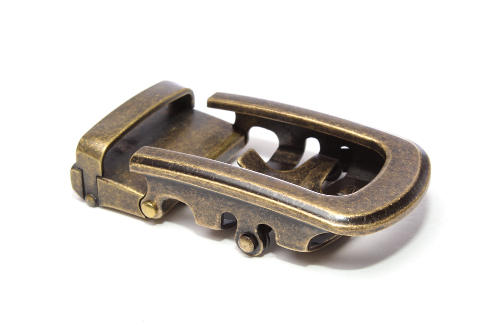 Men's traditional with a curve ratchet belt buckle in antiqued gold with a width of 1.5 inches, right side view.
