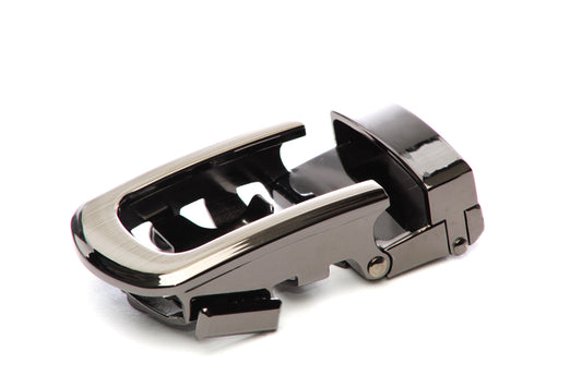 Men's traditional with a curve ratchet belt buckle in formal gunmetal with a 1.25-inch width.