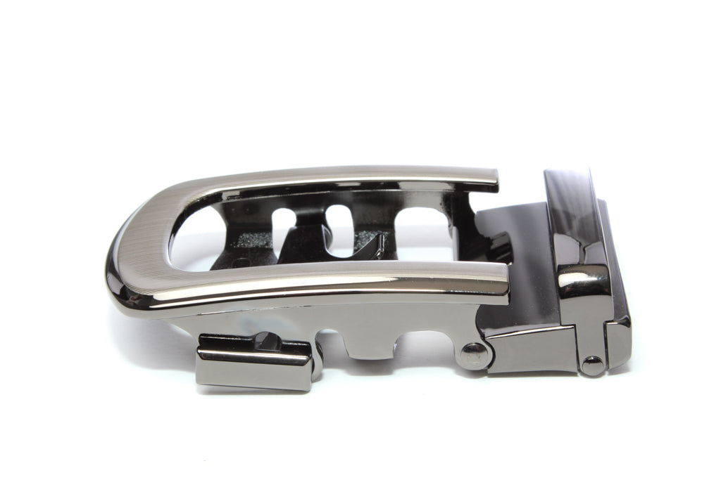 Men's traditional with a curve ratchet belt buckle in formal gunmetal with a width of 1.5 inches, left side view.