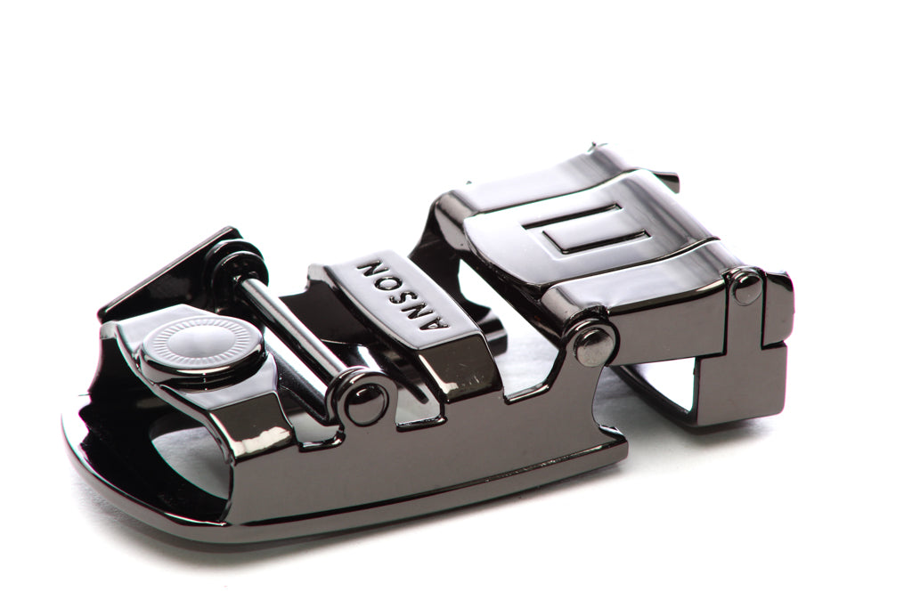 Men's traditional with a curve ratchet belt buckle in formal gunmetal with a 1.25-inch width, mechanism view.