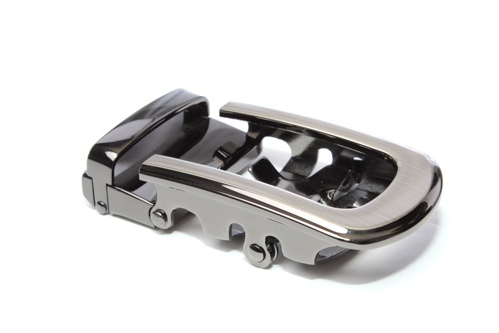 Men's traditional with a curve ratchet belt buckle in formal gunmetal with a width of 1.5 inches, right side view.