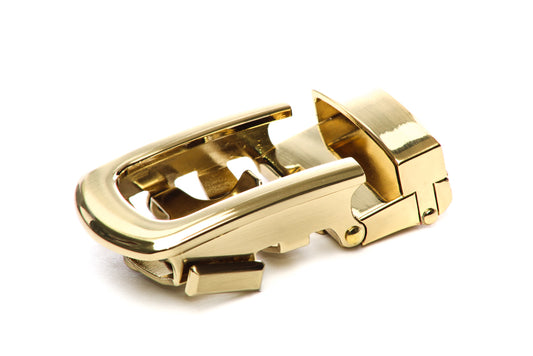 Men's traditional with a curve ratchet belt buckle in gold with a 1.25-inch width.