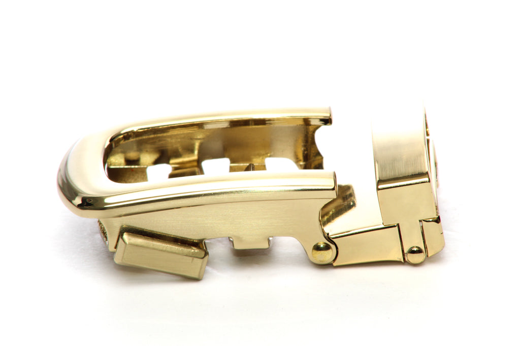 Men's traditional with a curve ratchet belt buckle in gold with a 1.25-inch width, left side view.