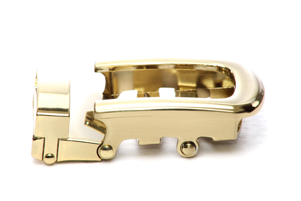 Men's traditional with a curve ratchet belt buckle in gold with a 1.25-inch width, right side view.