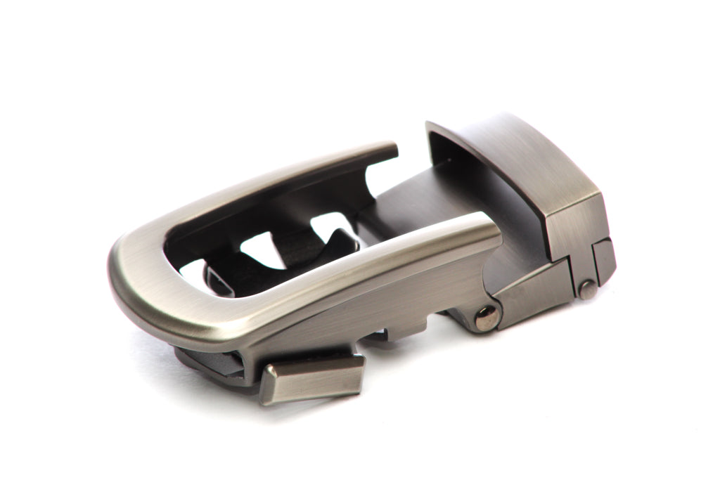 Men's traditional with a curve ratchet belt buckle in gunmetal with a 1.25-inch width.