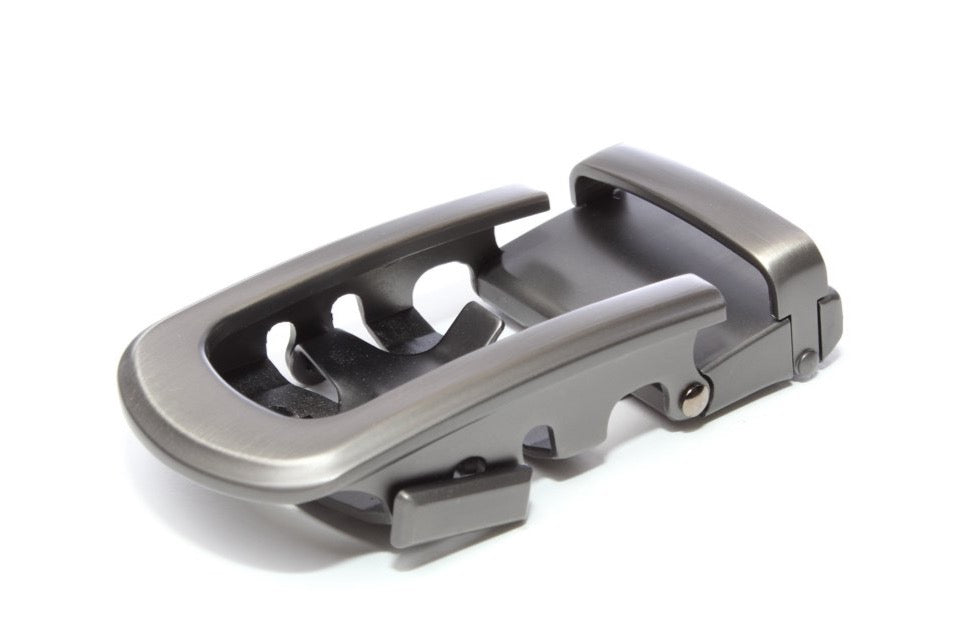 Men's traditional with a curve ratchet belt buckle in gunmetal with a width of 1.5 inches.
