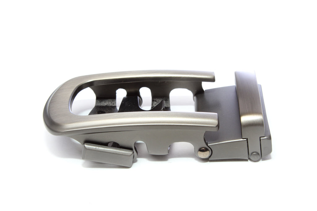 Men's traditional with a curve ratchet belt buckle in gunmetal with a width of 1.5 inches, left side view.