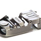 Men's traditional with a curve ratchet belt buckle in gunmetal with a 1.25-inch width, mechanism view.