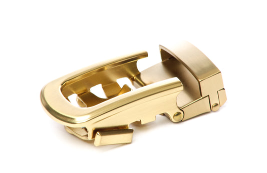 Men's traditional with a curve ratchet belt buckle in matte gold with a 1.25-inch width.