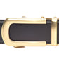 Men's traditional with a curve ratchet belt buckle in matte gold with a width of 1.5 inches, front view.