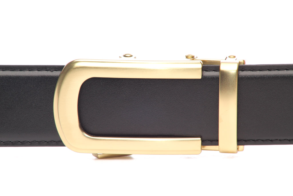 Men's traditional with a curve ratchet belt buckle in matte gold with a width of 1.5 inches, front view.