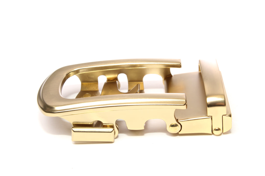Men's traditional with a curve ratchet belt buckle in matte gold with a width of 1.5 inches, left side view.