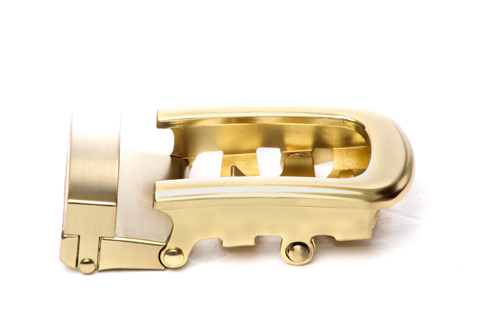 Men's traditional with a curve ratchet belt buckle in matte gold with a 1.25-inch width, right side view.