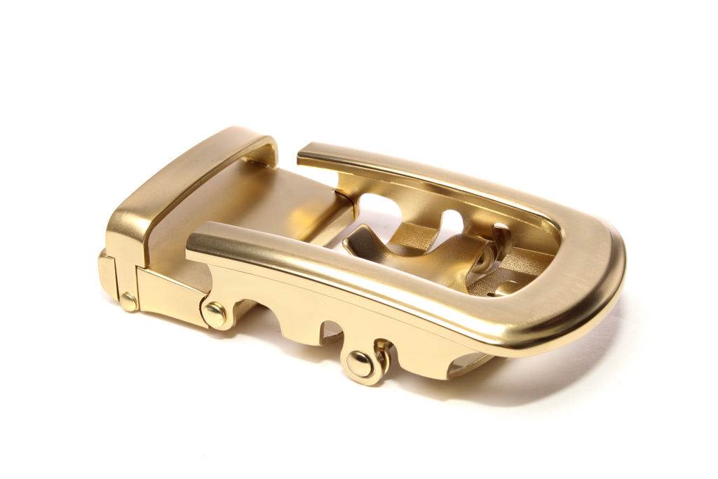 Men's traditional with a curve ratchet belt buckle in matte gold with a width of 1.5 inches, right side view.