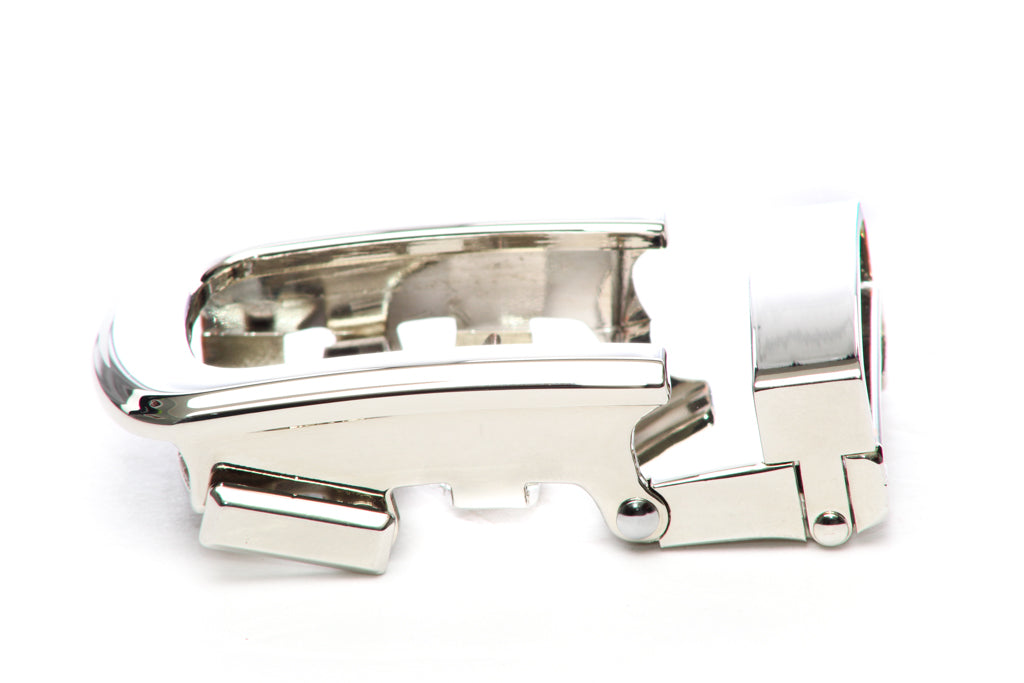 Men's traditional with a curve nickel free ratchet belt buckle with a 1.25-inch width, left side view.