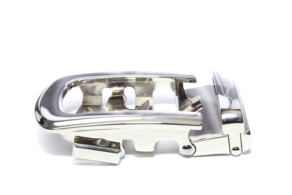Men's traditional with a curve nickel free ratchet belt buckle with a width of 1.5 inches, left side view.