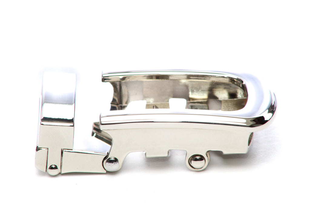 Men's traditional with a curve nickel free ratchet belt buckle with a 1.25-inch width, right side view.