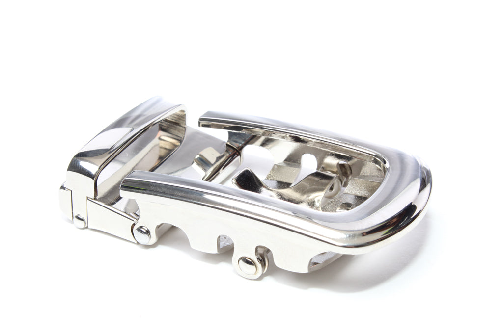 Men's traditional with a curve nickel free ratchet belt buckle with a width of 1.5 inches, right side view.