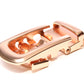 Men's traditional with a curve ratchet belt buckle in rose gold with a width of 1.5 inches.