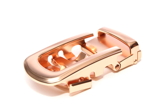 Men's traditional with a curve ratchet belt buckle in rose gold with a width of 1.5 inches.
