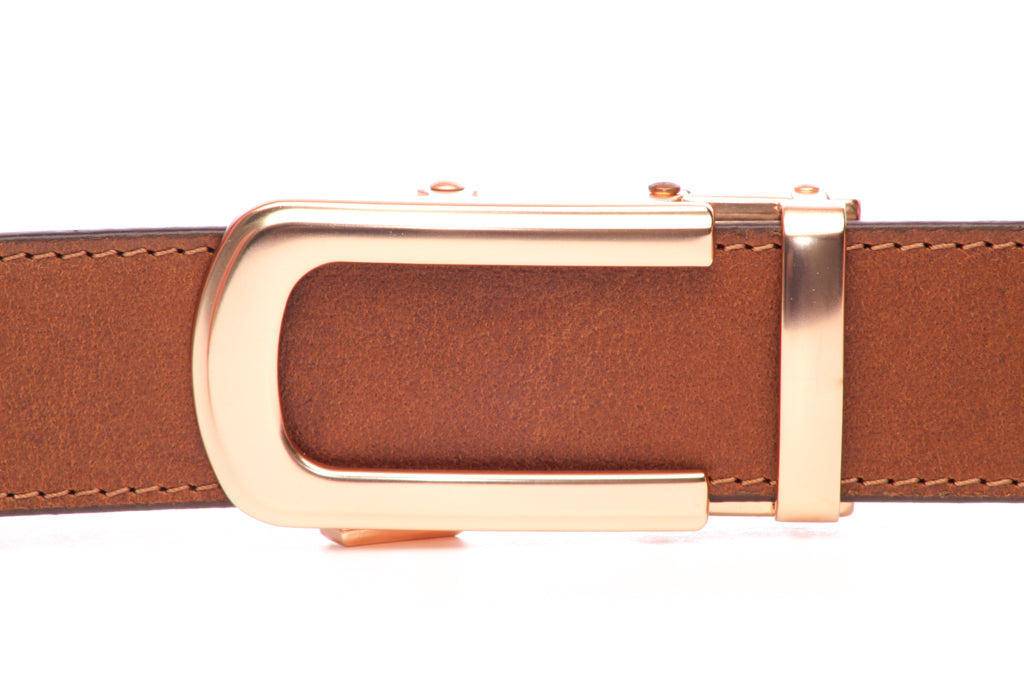 Men's traditional with a curve ratchet belt buckle in rose gold with a width of 1.5 inches, front view.
