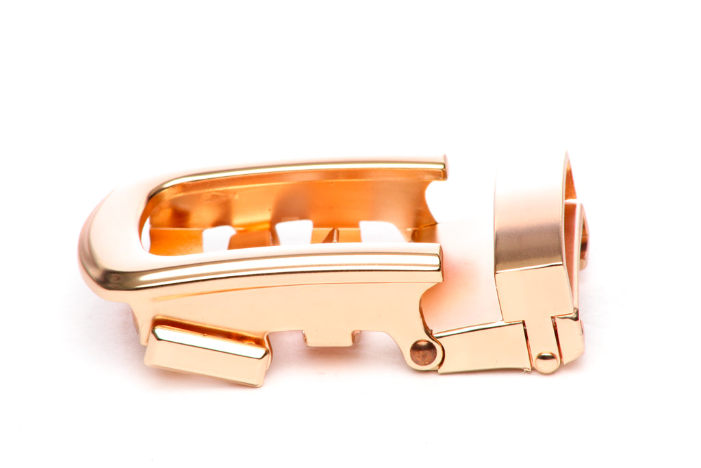 Men's traditional with a curve ratchet belt buckle in rose gold with a 1.25-inch width, left side view.