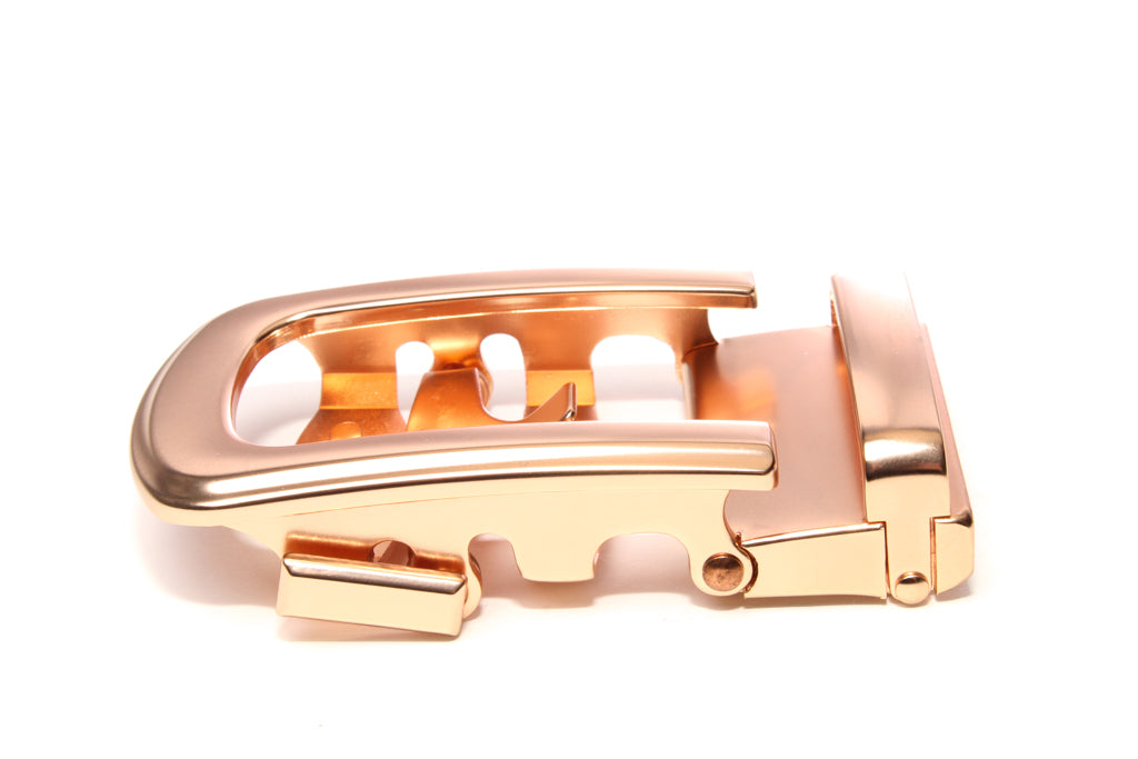 Men's traditional with a curve ratchet belt buckle in rose gold with a width of 1.5 inches, left side view.