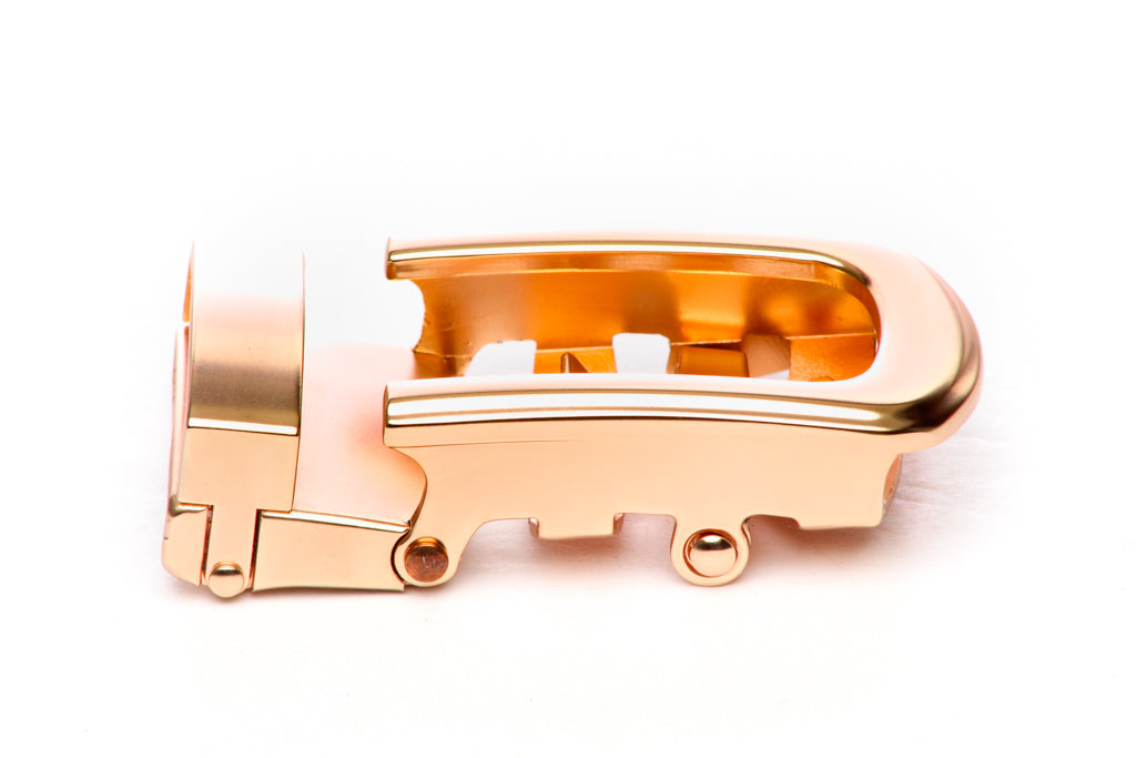 Men's traditional with a curve ratchet belt buckle in rose gold with a 1.25-inch width, right side view.
